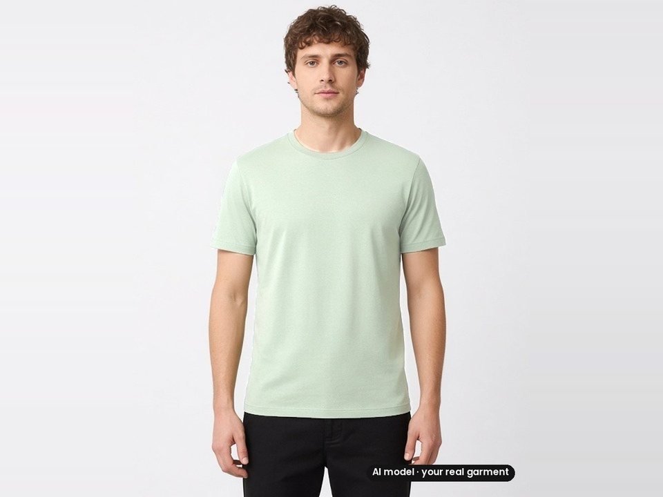 Sage tee shown on an AI-generated model by HangerShot (sample output)